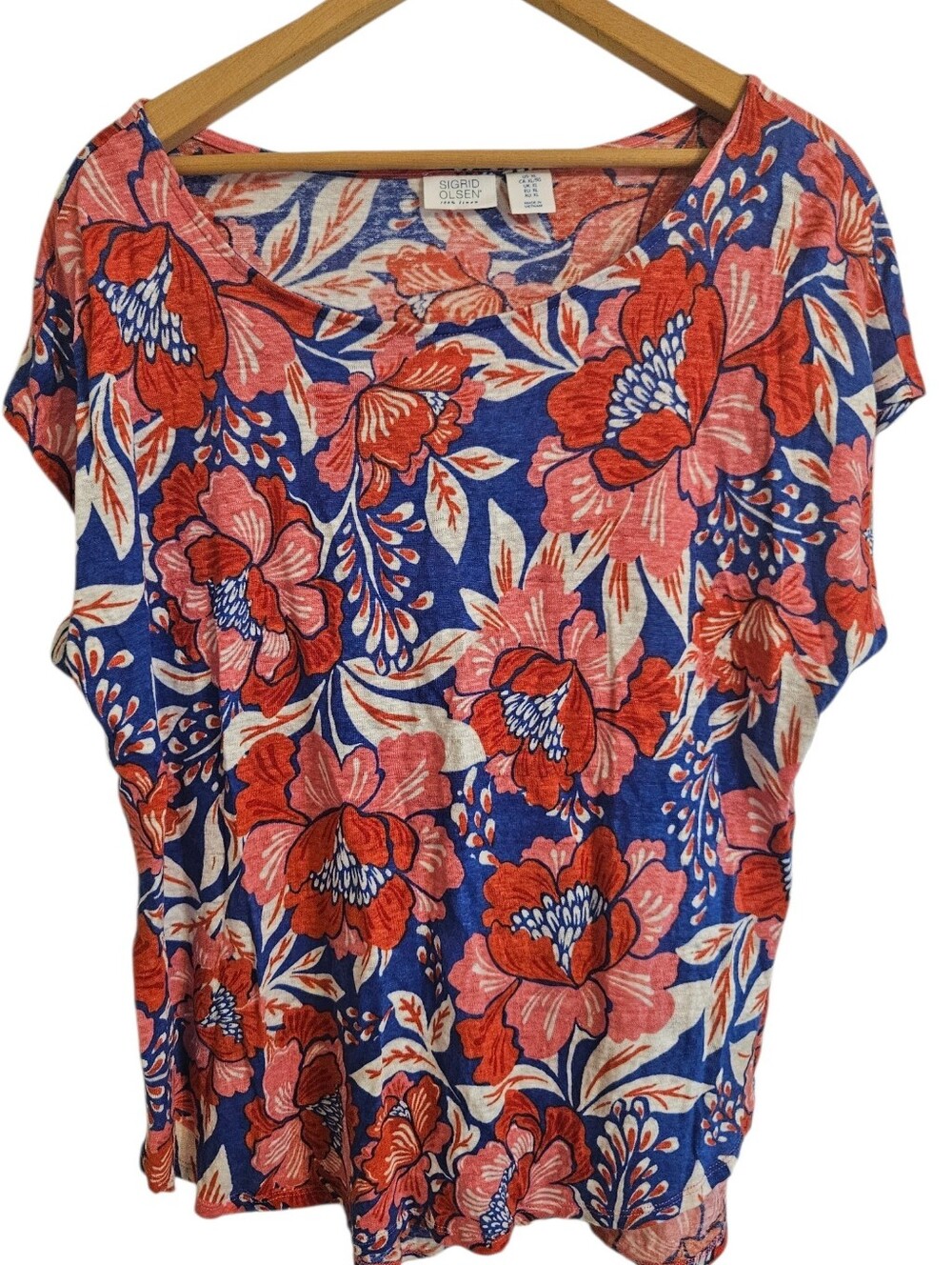 Sigrid Olsen 100% Linen Floral Scoop Neck Top in Blue and Pink XL